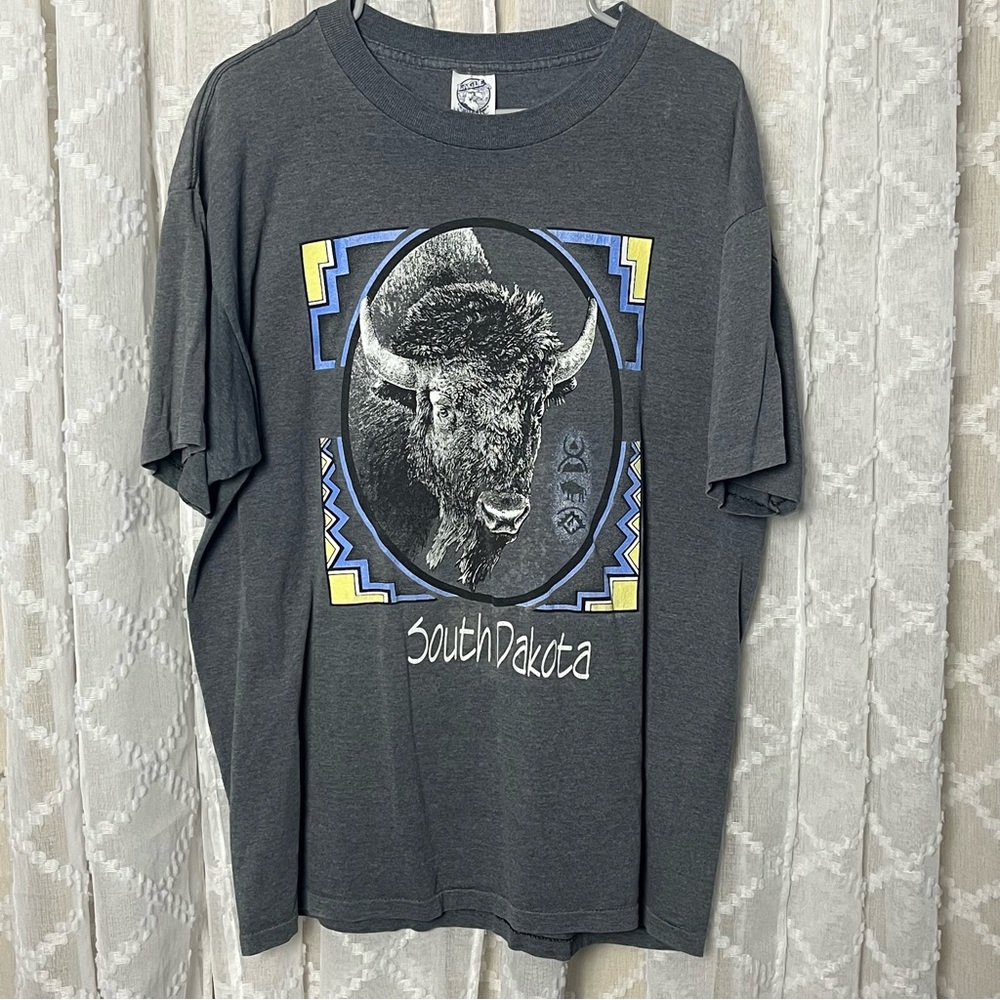 Vintage USA South Dakota Buffalo Print Shirt Gray XL